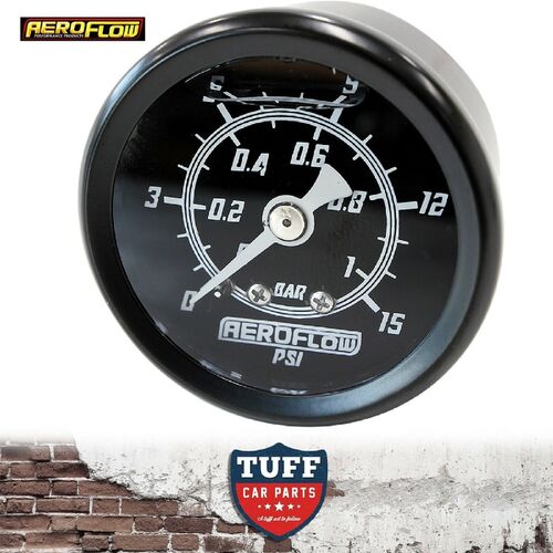 Aeroflow Black 0 - 15 PSI Liquid Filled Carb Fuel or Oil Pressure Gauge 1/8" NPT