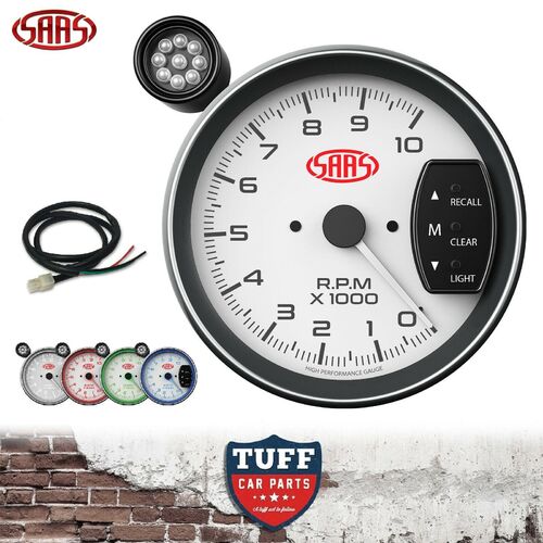 SAAS 5" Monster Tacho Shift Light 0-10k & Fitting Kit 127mm Tachometer White