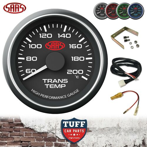 SAAS Transmission Trans Oil Temp Gauge 60⁰ - 200⁰C Black Face 52mm & Fitting Kit