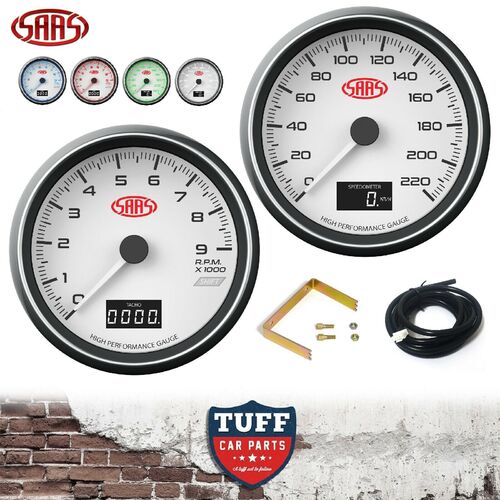 SAAS 3.5" In Dash Tachometer + Speedometer 0-9k 0-220kph White Face Fitting Kit