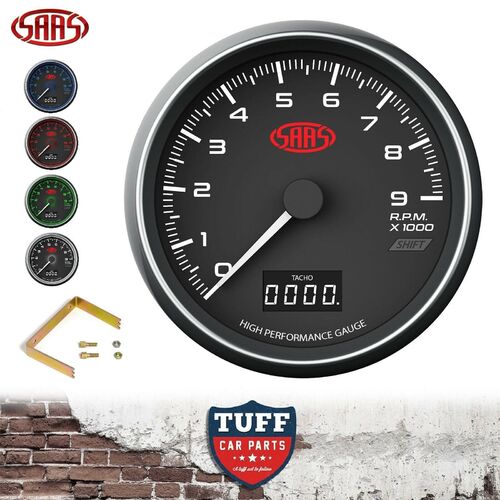 SAAS 3.5" Muscle In Dash Tacho 0-9000 rpm Black & Fitting Kit 89mm Tachometer