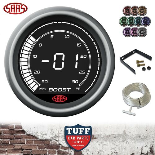 SAAS Muscle Digital Turbo Boost Vacuum Gauge Black Face LCD 52mm + Fitting Kit