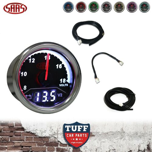 SAAS TRAX 2 in 1 Dual Gauge Analog + Digital Volt 52mm Black with Fitting Kit