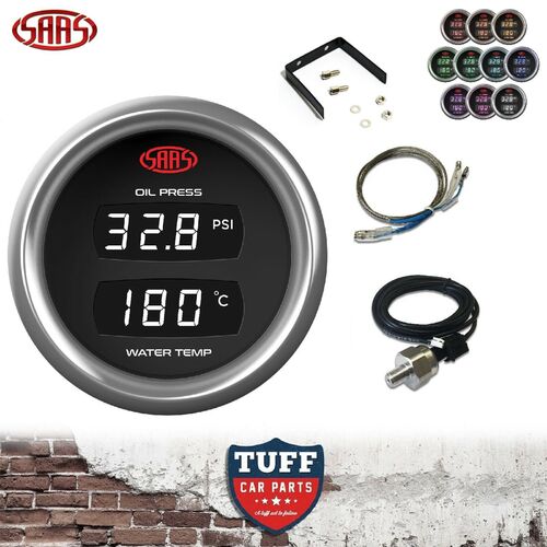 SAAS TRAX Dual Digital Gauge Oil Pressure & Water Temp 52mm Black & Fitting Kit